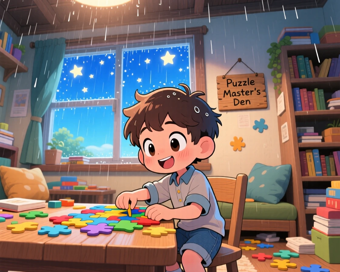 A young boy assembling a puzzle on a rainy afternoon, framed as a worm's-eye view within a cluttered cozy den, under a clear summer sky, glowing under sparkling starlight, evoking proud determination.