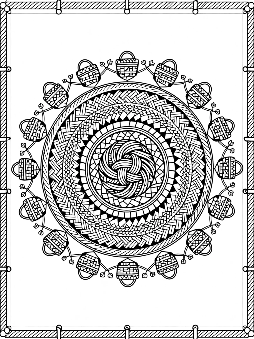 A mandala of woven basket patterns radiating from a central knot.
