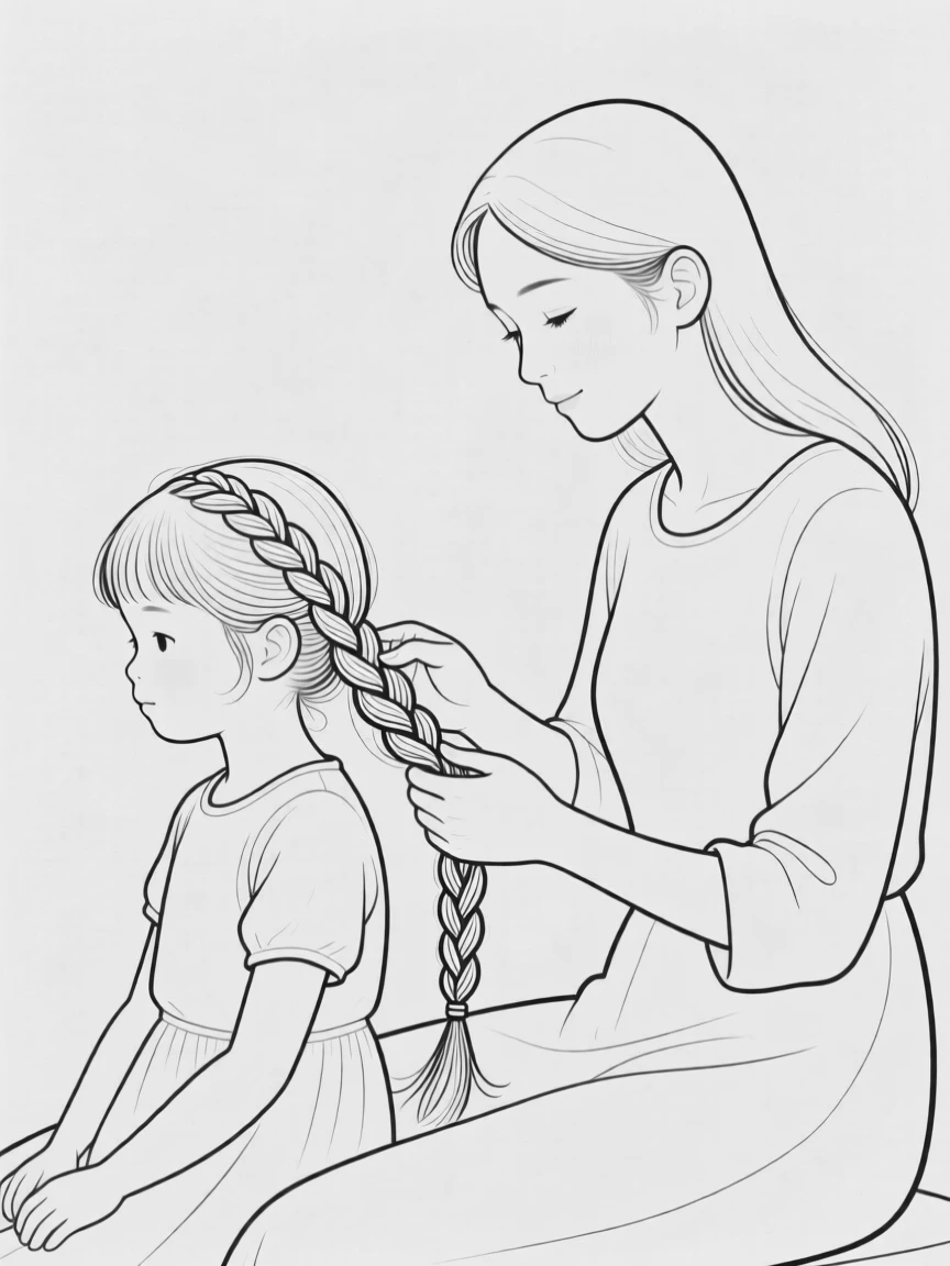 A mother braiding her daughter's hair