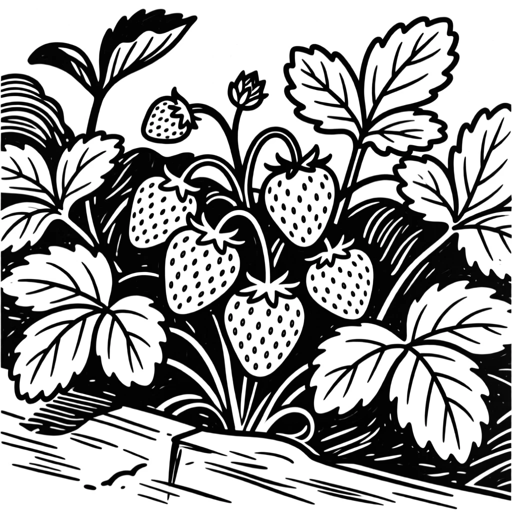 A cluster of ripe strawberries growing among green leaves in a garden bed.