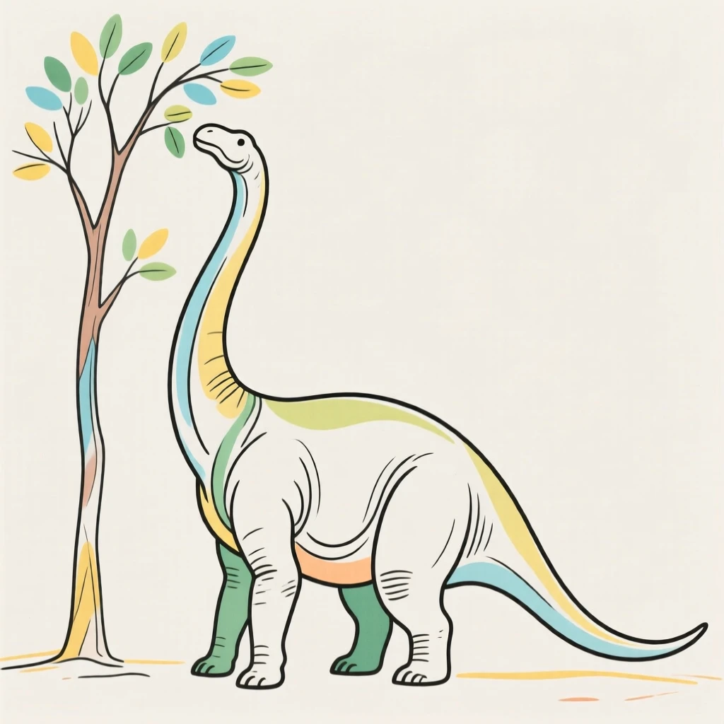 A Diplodocus reaching its long neck up to eat leaves from a tall tree.