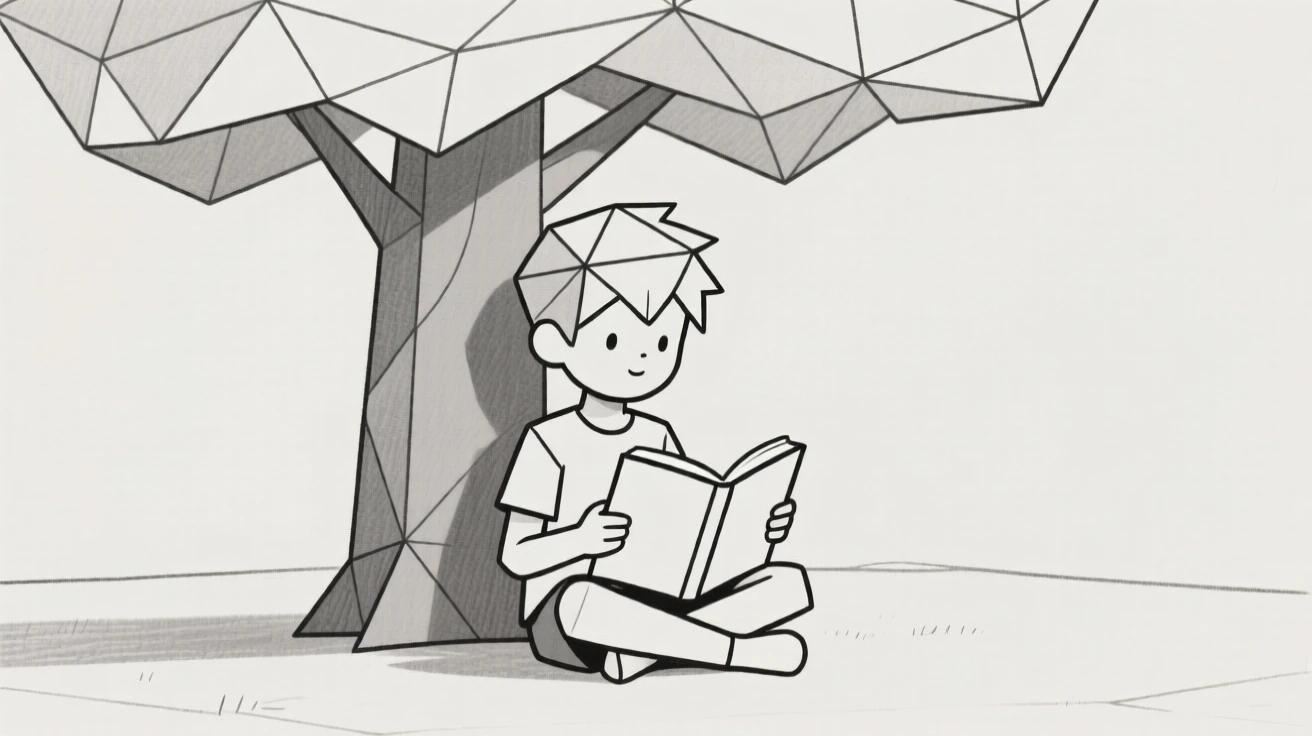 A young boy reading a book under a tree