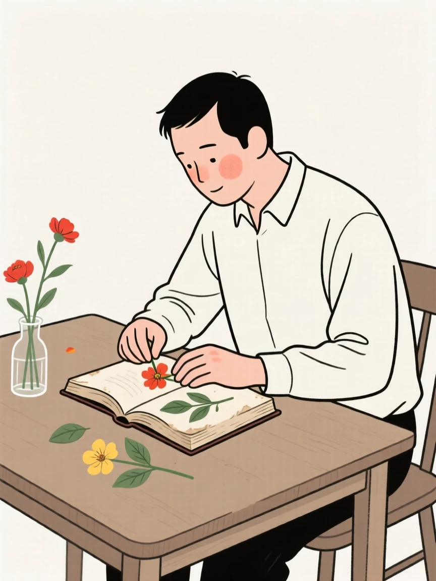 A father pressing flowers in an old book.