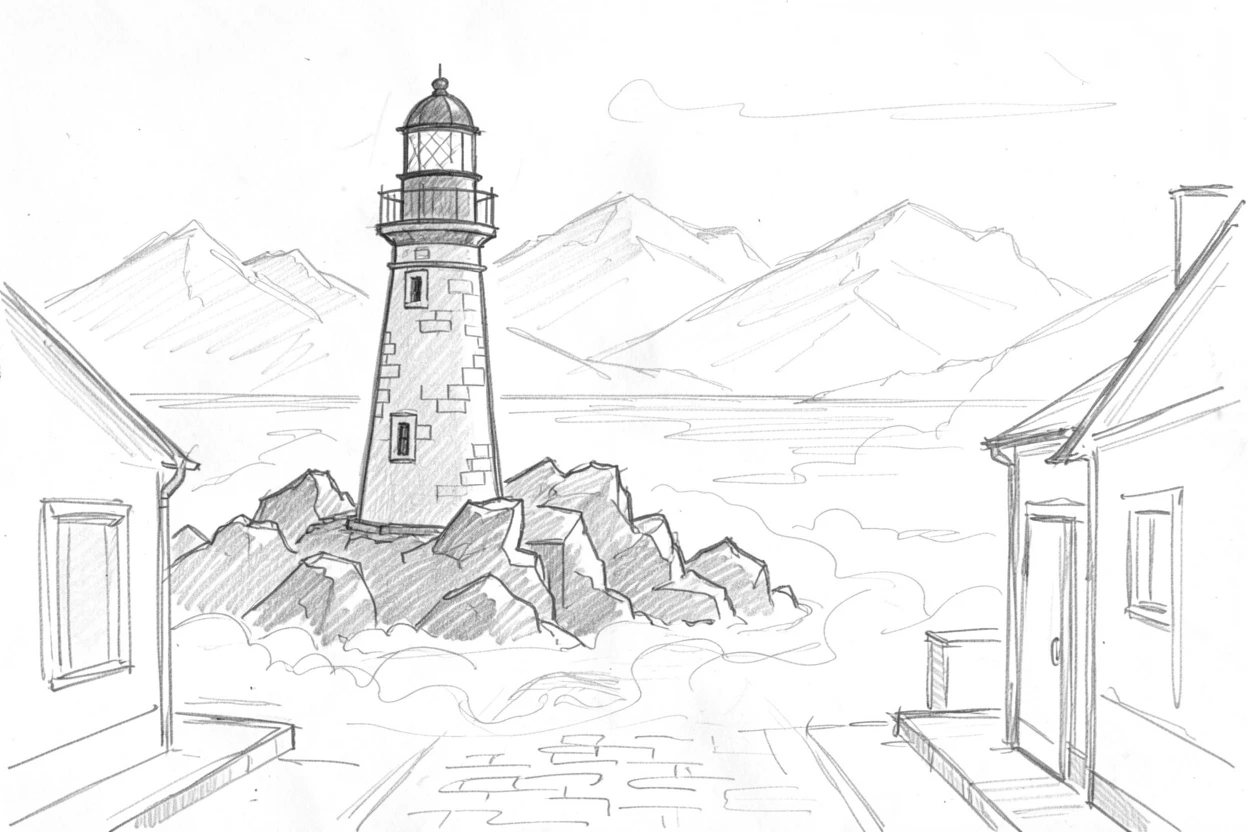 A stunning view of an old lighthouse on a rocky point as fog rolls through the streets, with distant mountains framing the skyline.