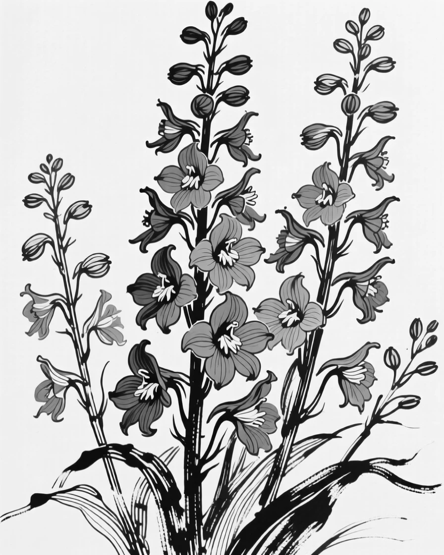 A cluster of delphiniums rising in tall spikes of blue.