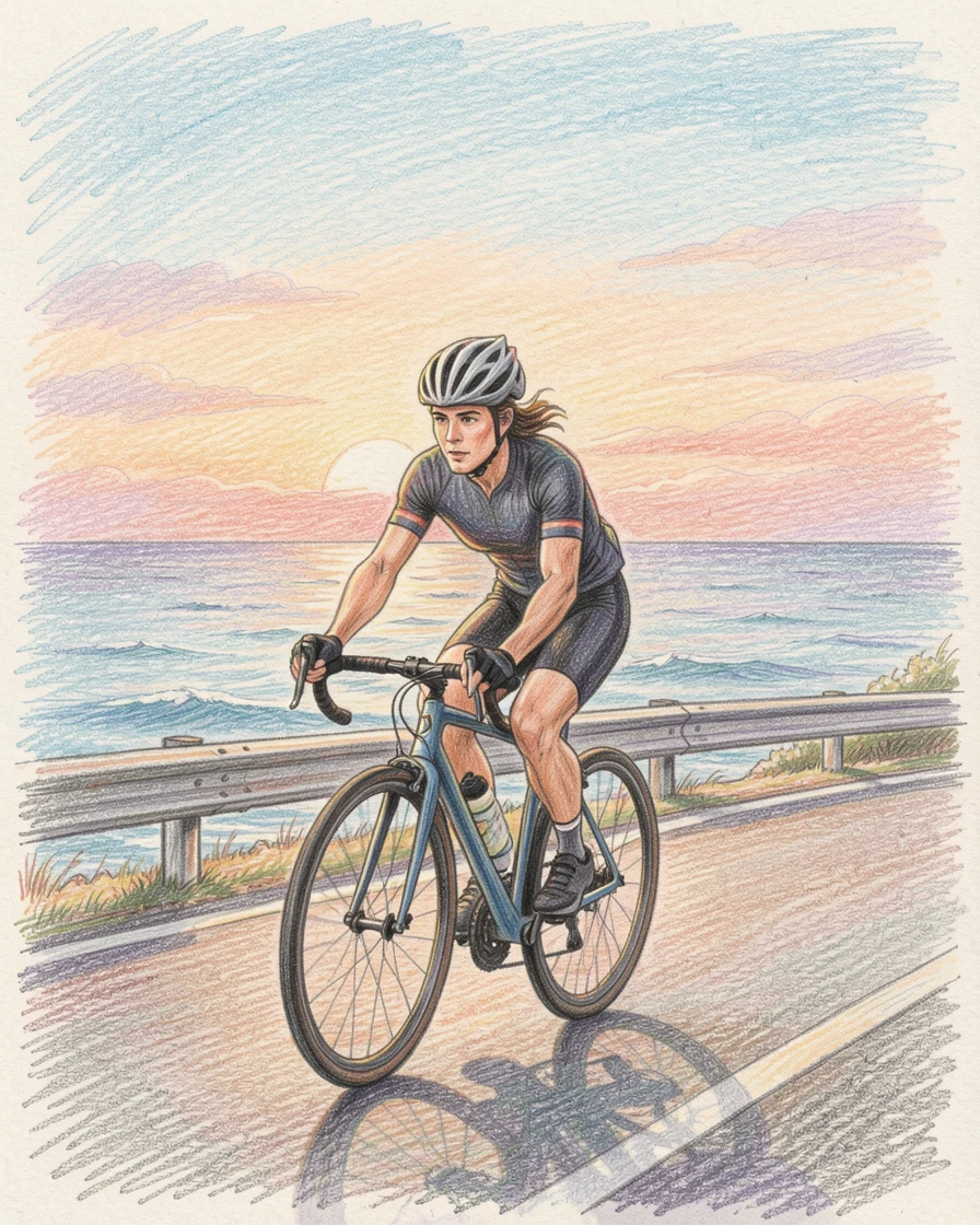 A cyclist riding along a scenic coastal road at sunrise, with warm natural light filling the scene, capturing the beauty of everyday dedication and skill.