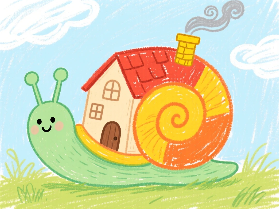 A snail carrying a miniature house shaped like a cottage.