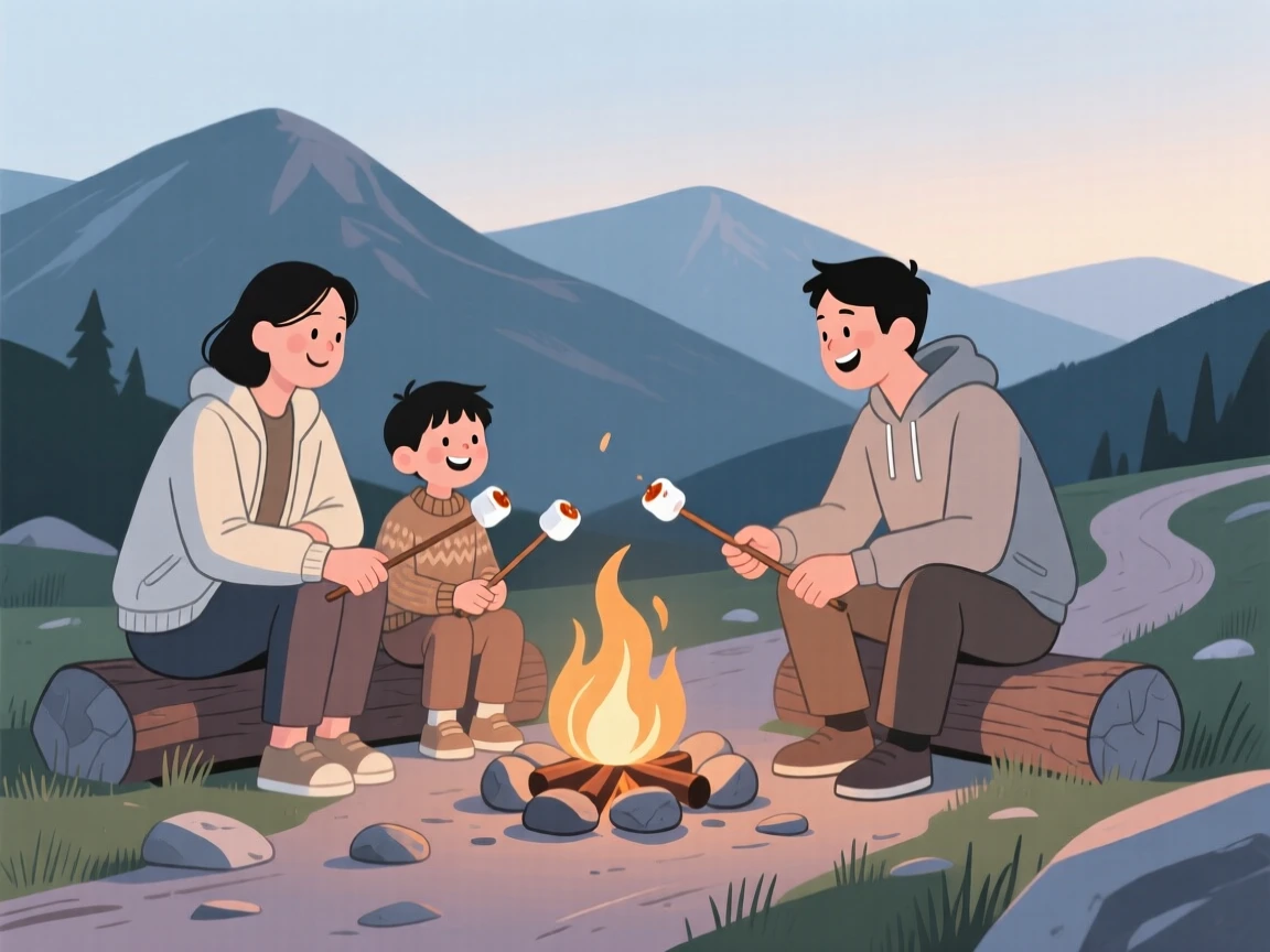 A family roasting marshmallows together on a mountain trail.