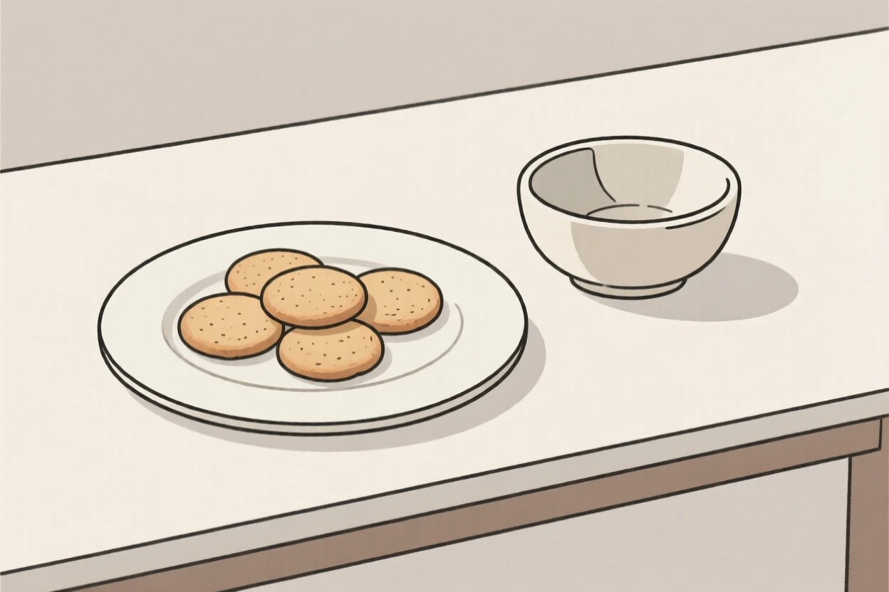 A homemade batch of fresh cookies cooling near a small ceramic bowl on a cozy breakfast nook, expressing fresh vibrance.