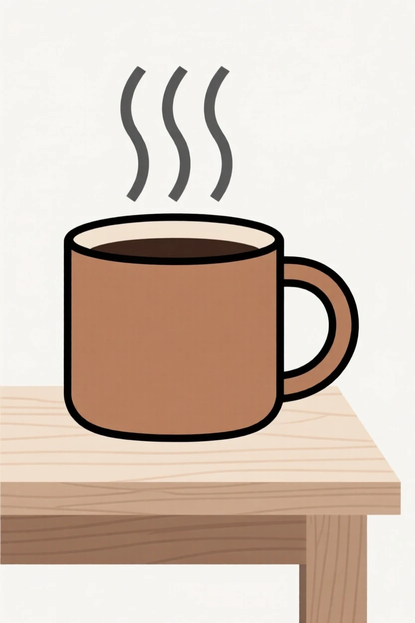 A steaming cup of coffee on a wooden table