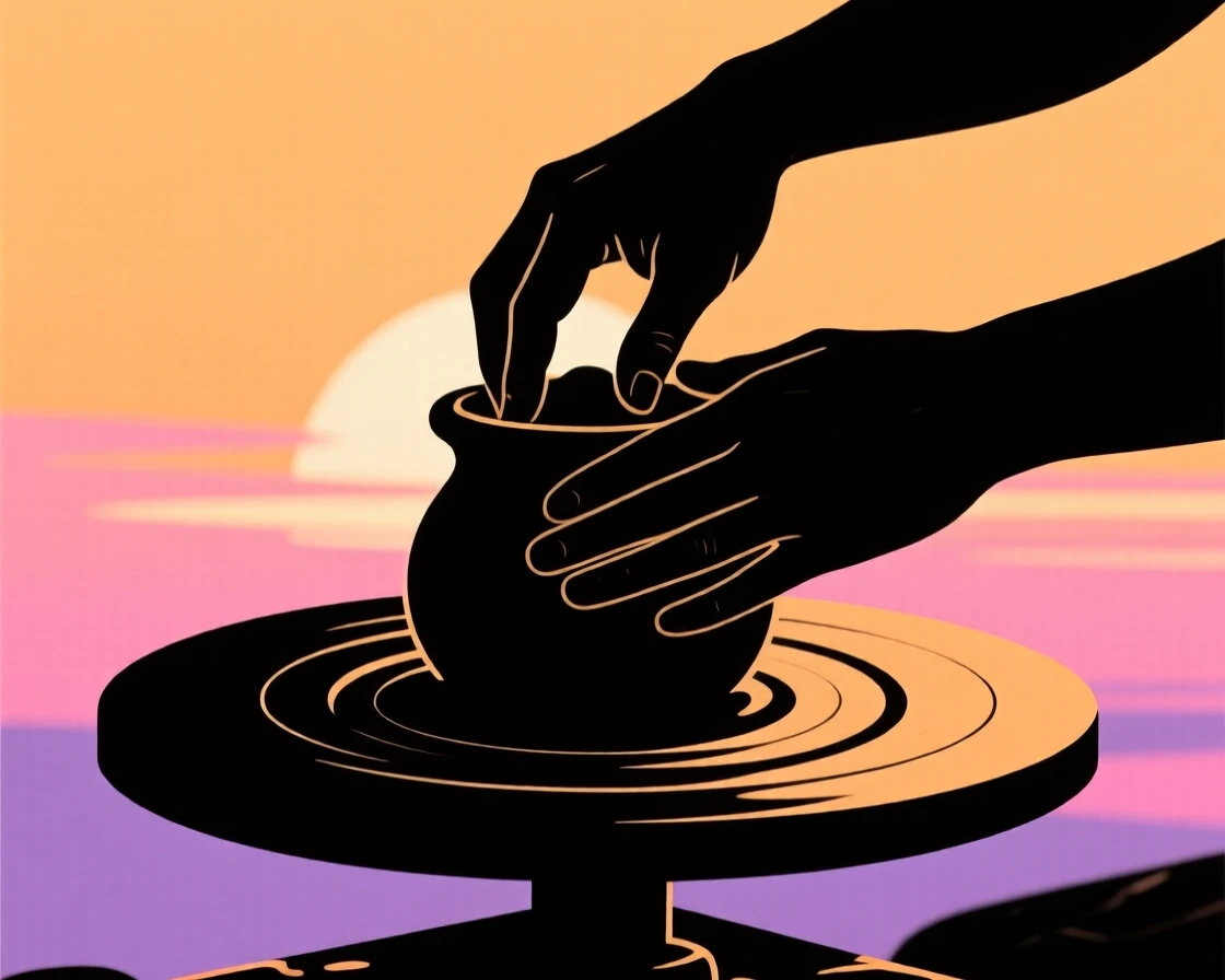 A pair of hands molding clay on a slowly spinning potter's wheel.
