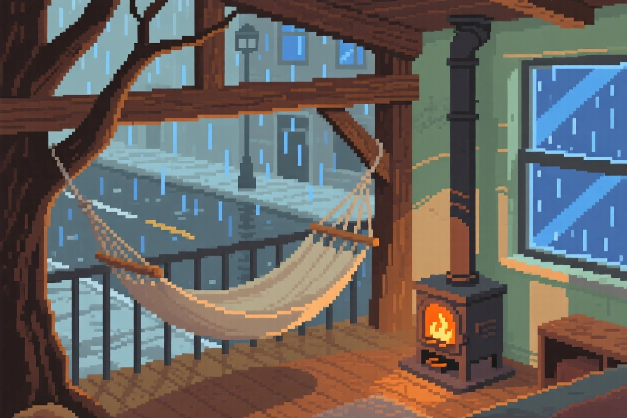 A hammock between two trees warmed by a small wood stove nearby, in a loft apartment above a rainy street.