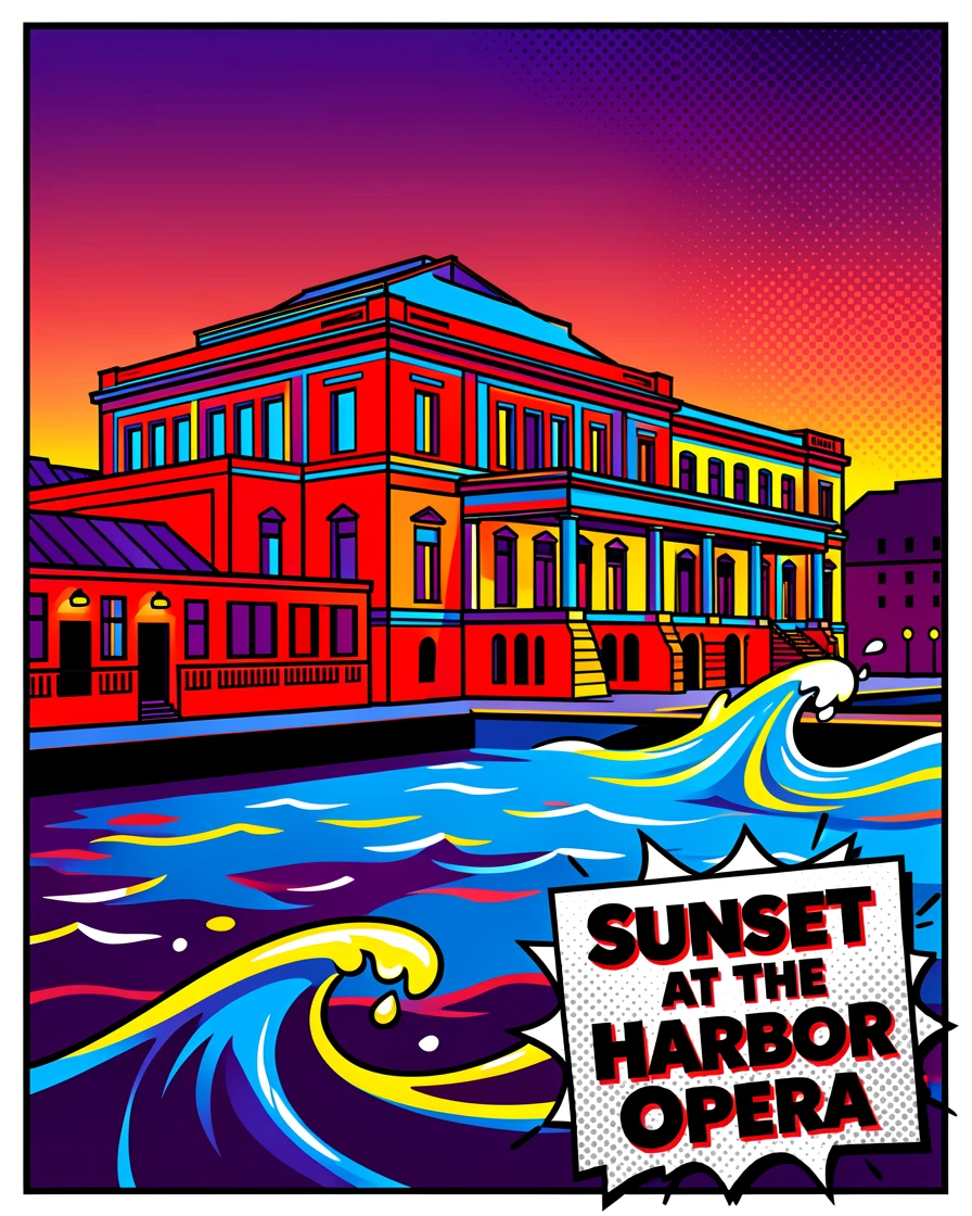 An opera house lit at dusk beside the harbor