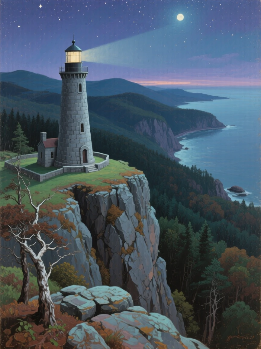A sweeping aerial perspective of a stone lighthouse standing at the edge of a dramatic headland, in the Appalachian mountains, under a canopy of stars.