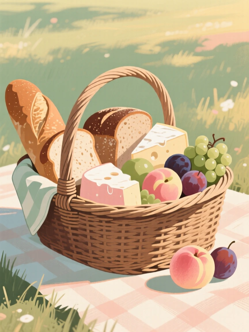 A wicker hamper packed with bread, cheese, and ripe fruit for a picnic