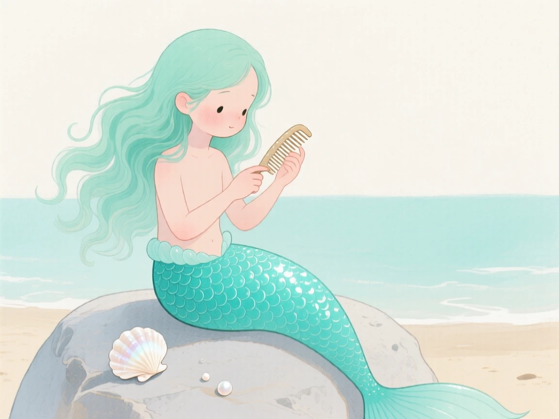 A tiny mermaid with shimmering turquoise scales sits on a rock combing her hair with a seashell comb