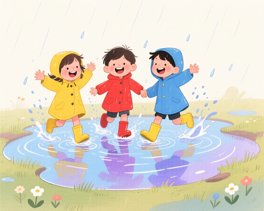 Children splashing in a rain puddle together, full of warmth and laughter.