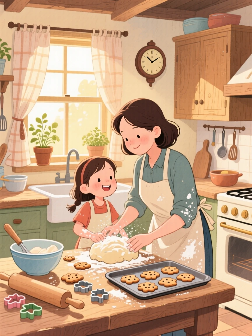 A mother and daughter baking cookies together, flour dusted on their aprons, in a warm farmhouse kitchen filled with afternoon light, with warm golden hour lighting, a tender bond of love passed between generations.