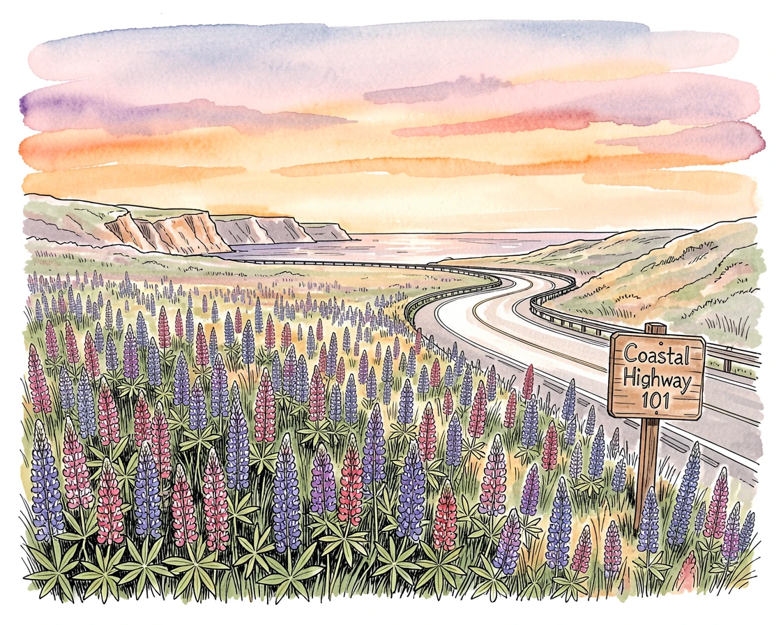 A field of wild lupine stretching along a coastal highway, the last rays of sunset painting the sky in warm color.