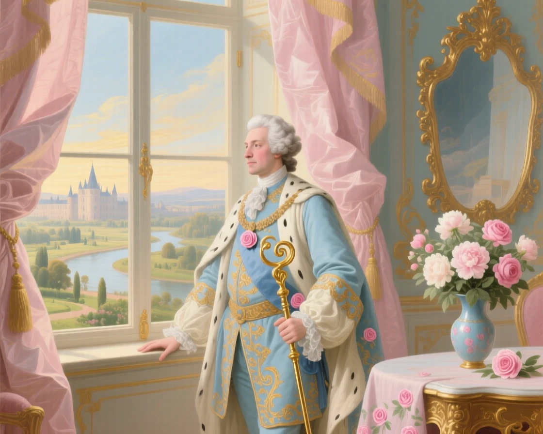 A solemn king standing beside a tall window overlooking his kingdom  