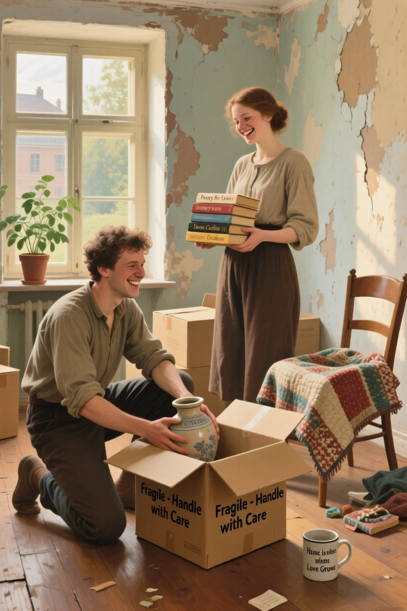 A young couple unpacking boxes in their first apartment together, as laughter and genuine joy fill the entire scene, radiating comfort, love, and togetherness