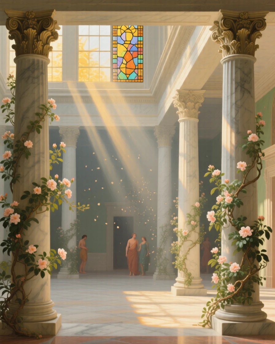 A sunlit atrium framed by Corinthian columns and flowering vines holding the quiet grandeur of a bygone era, set within a royal residence steeped in history, with dust motes drifting through slanted beams of colored light; warm interior light contrasts with cool light spilling in from outside, suggesting both luxury and profound stillness.