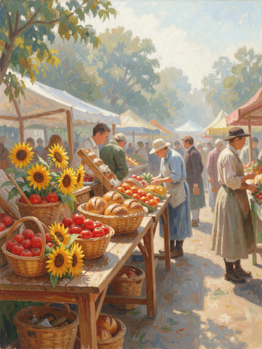 A bustling farmers market with baskets of ripe tomatoes, sunflowers, and fresh bread laid out on wooden tables.