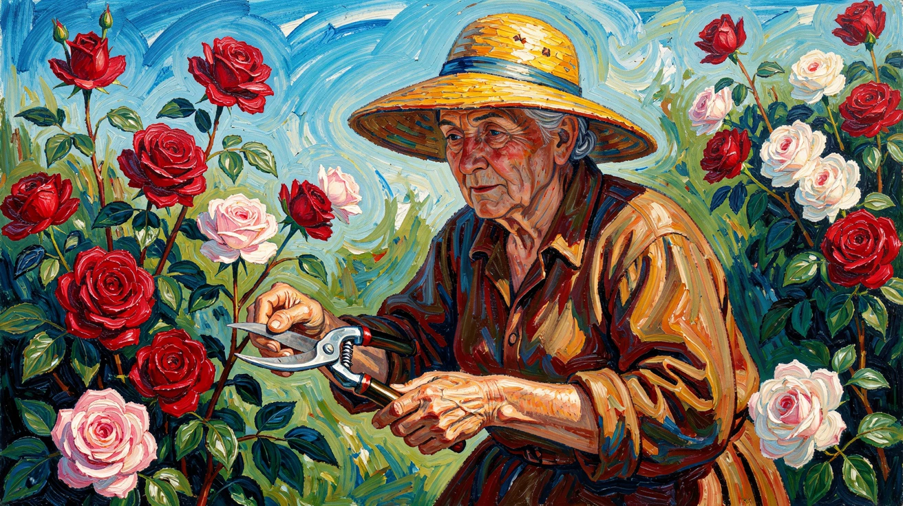 An elderly woman tending her rose garden, secateurs in hand, sun hat shading her eyes.