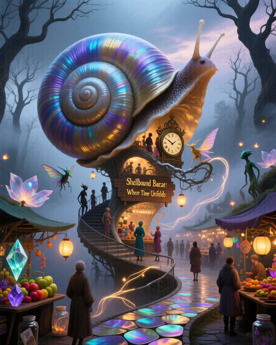 A bustling market thriving inside the curled shell of a snail glows faintly from within, unnoticed by the world outside, as a soft hum of unseen life drifts outward.
