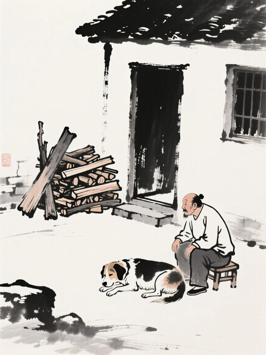 A dog rests beside its owner in a quiet courtyard, near a stack of firewood by a cottage door.