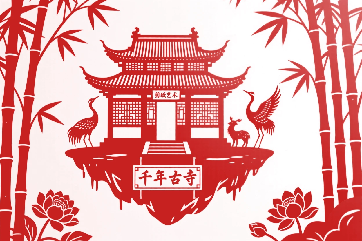 A floating island temple, woven through a forest of impossibly tall bamboo, wrapped in an aura of timeless wonder.