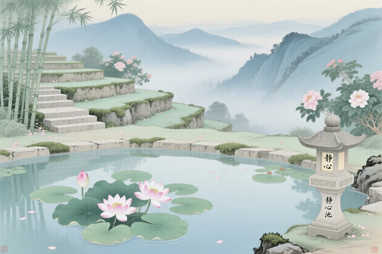Water lilies floating on a quiet pool in a terraced garden overlooking a valley