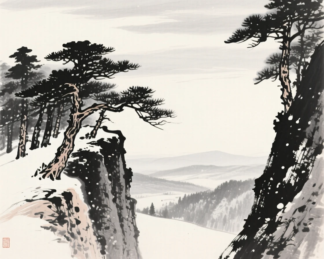 A cluster of weathered pines clinging to a steep cliff face under a pale winter sky heavy with unfallen snow, framed through a gap in the trees, revealing the valley beyond, carrying a feeling of timeless peace and stillness.