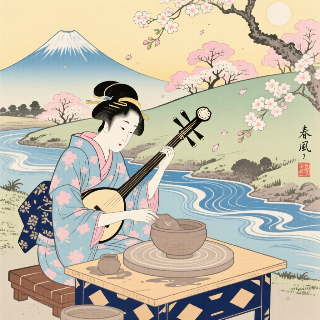 A musician with a stringed instrument shaping wet clay on a spinning wheel.