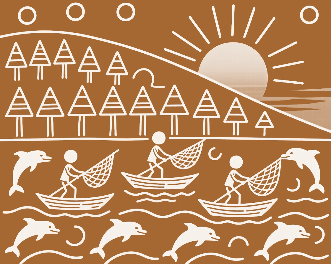 A group of fishermen's boats surrounded by dolphins grazing on a hillside at sunset.
