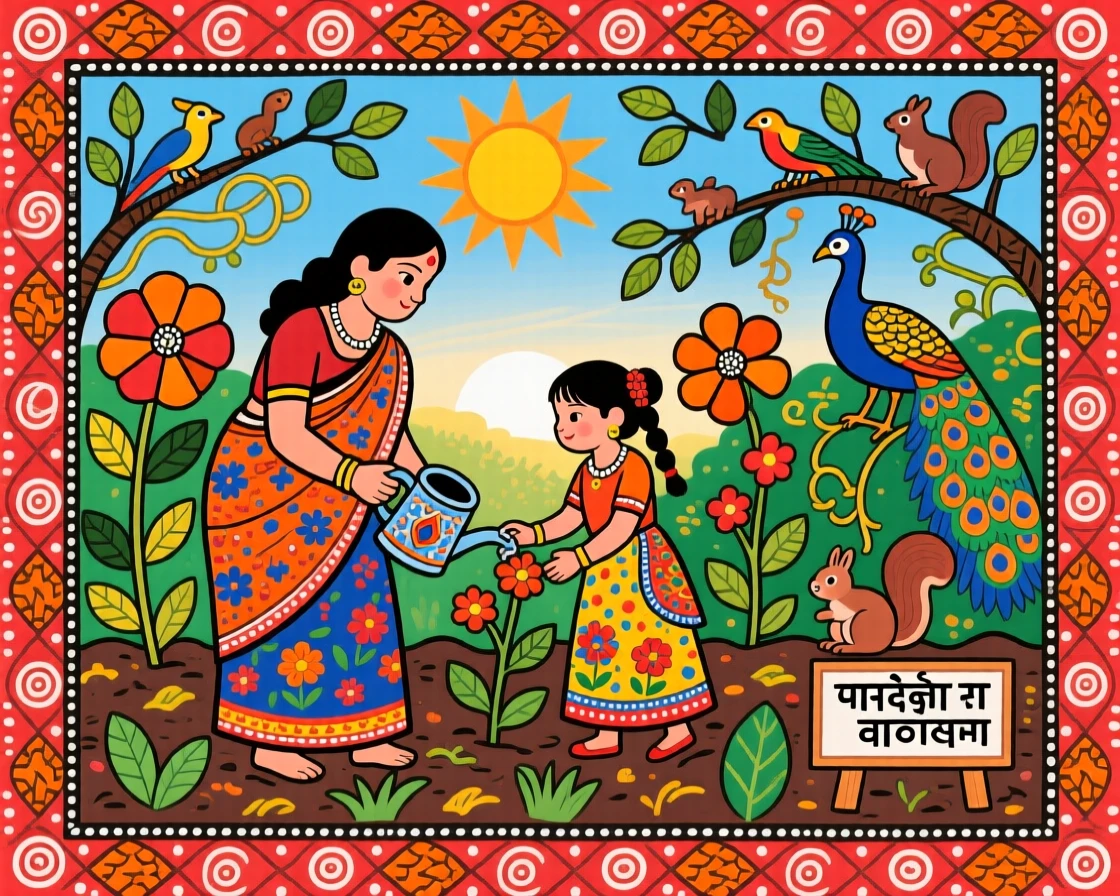 A mother and daughter tending a garden together in early morning light.