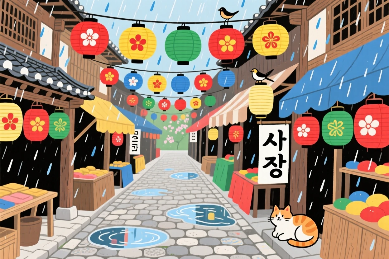 A view of a traditional market street lined with paper lanterns, during a quiet spring rain.