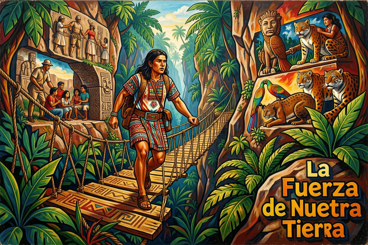 A traveler crossing a rope bridge over a jungle canyon