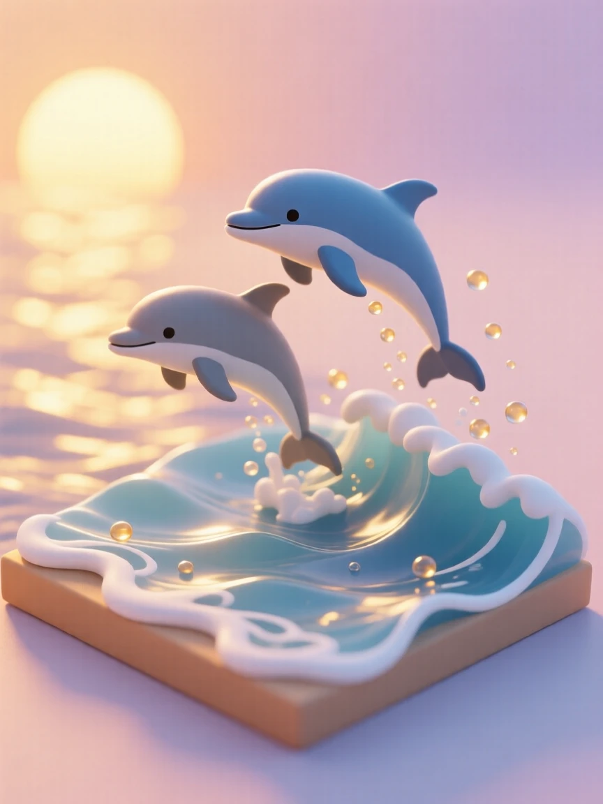 A pair of playful dolphins leaping through ocean waves at sunset, water droplets catching the golden light as they arc through the air.