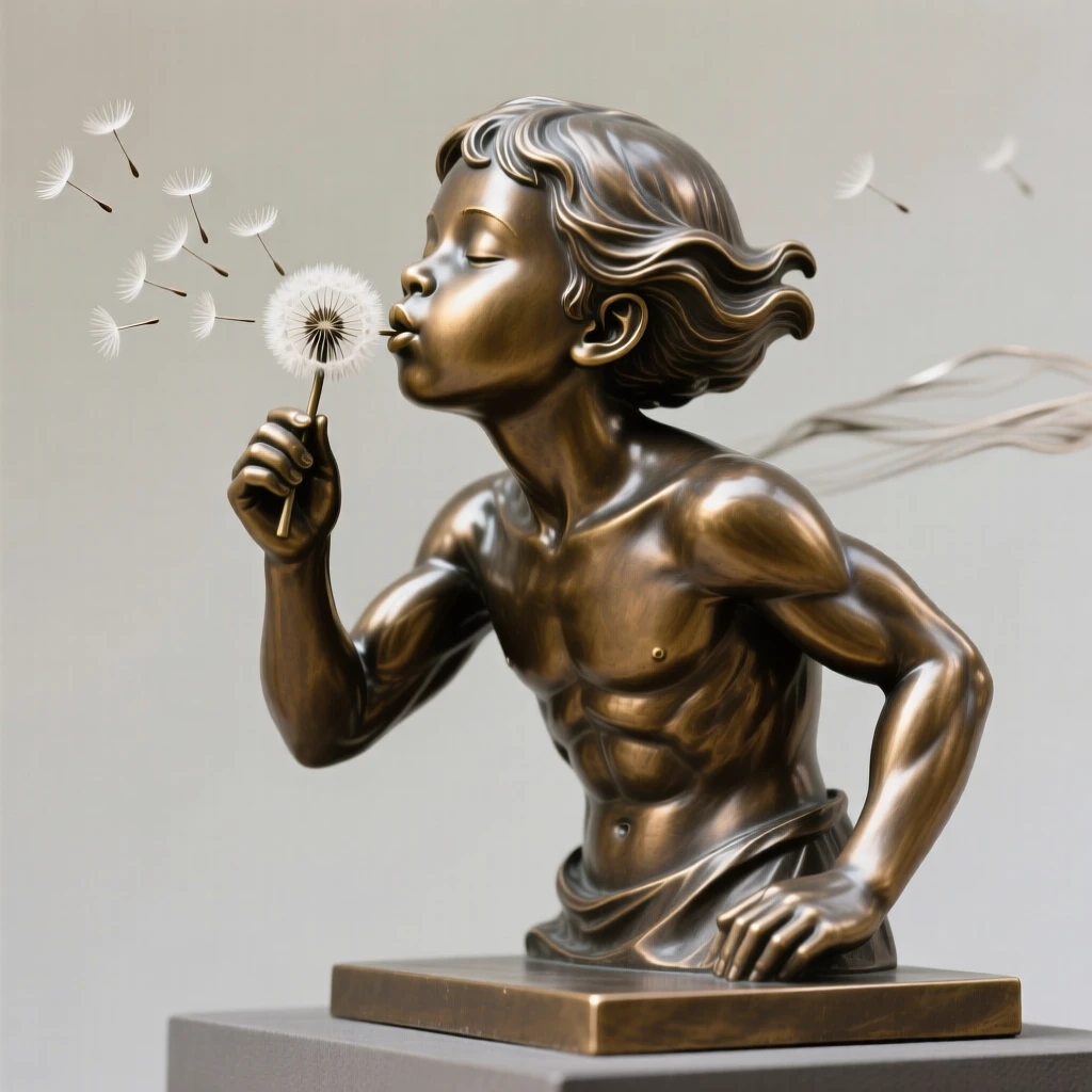A child blowing dandelion seeds into the wind, with muscles tensed in graceful strength, forming a strong central focal point