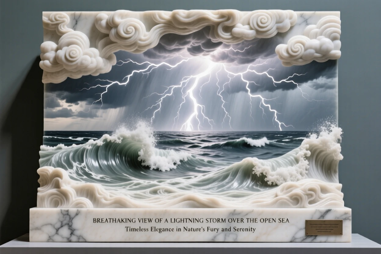 A breathtaking view of a lightning storm over the open sea, rich with color and atmosphere, evoking peace and wonder