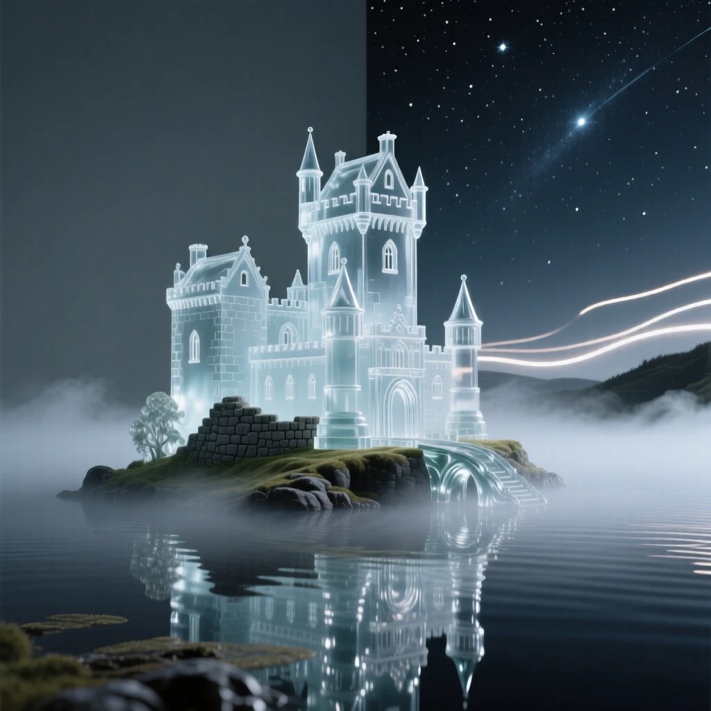 A Scottish castle on a misty loch under a starry night sky, long soft light trails in the distance, composition emphasizing scale and grandeur.