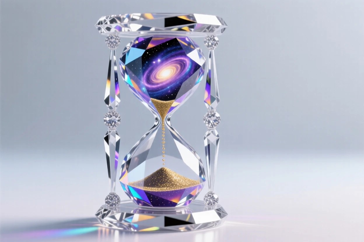 A magical hourglass with swirling galaxies inside instead of sand.