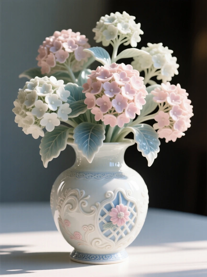 A lush arrangement of hydrangeas in an ornate vase, backlit by warm afternoon sun.