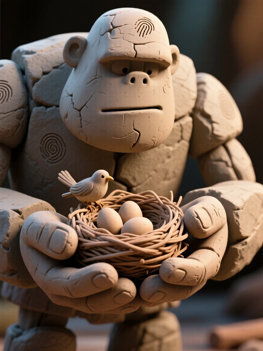 A colossal stone golem gently cupping a bird's nest in its palm