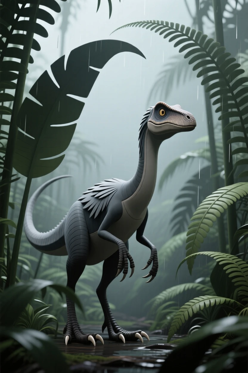 A clever Velociraptor pack leader peers out from tall prehistoric ferns, feathers rustling in the humid jungle air.