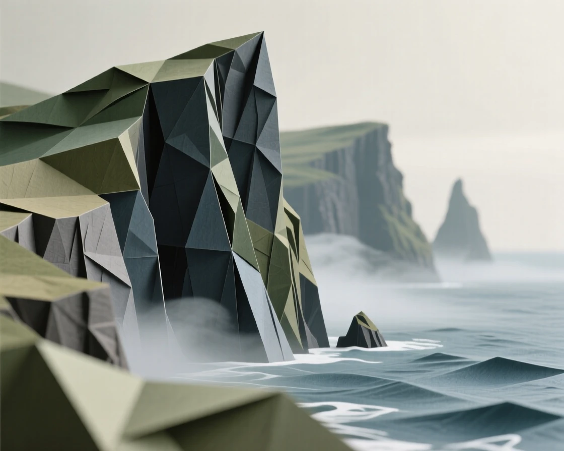 The dramatic sea cliffs of the Faroe Islands shrouded in rolling fog.