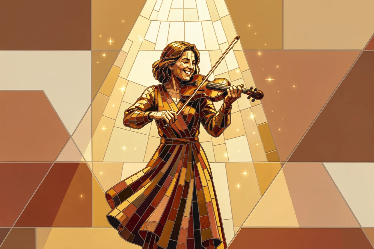 A candid, joyful moment of a violinist performing passionately under a warm spotlight, captured with warm golden light.