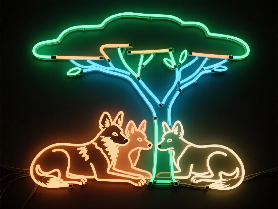 A pack of African wild dogs resting in the shade of a lone acacia tree.