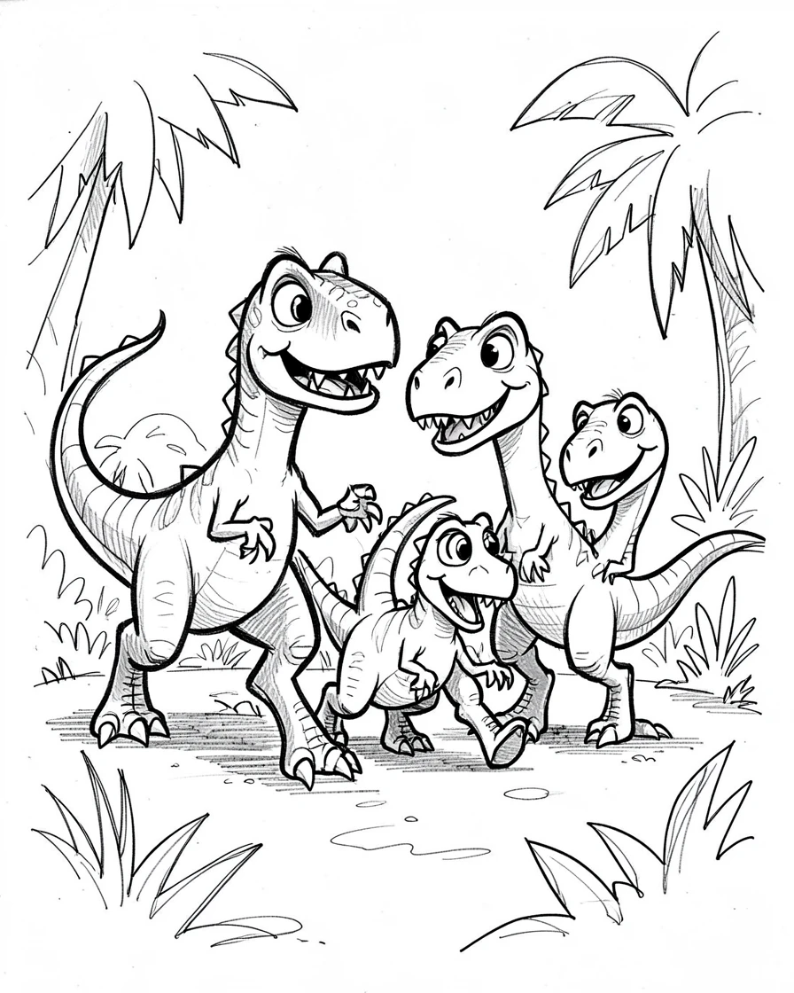 A dinosaur family walking together in a prehistoric jungle clearing.